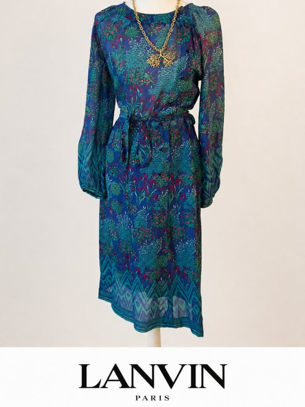 Lanvin VintagePure Silk Floral Midi Dress Teal Blue Long Sleeve Belted M